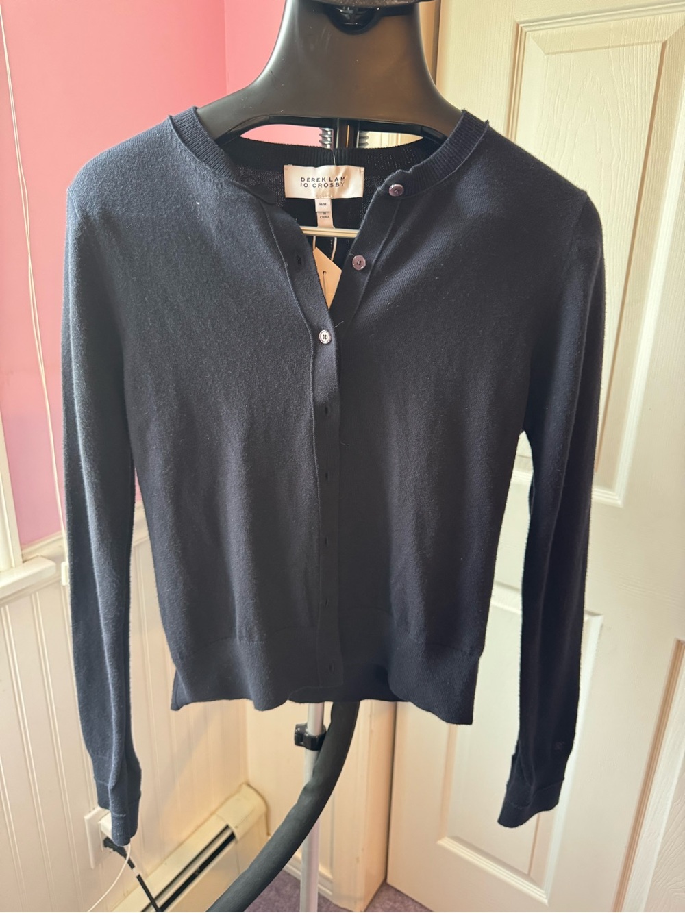 Derek Lam 10 Crosby Navy Crewneck Button-Front Cotton and Cashmere Cardigan - Picture 6 of 15